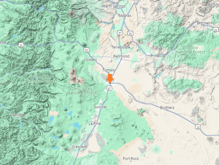 Central Oregon map with a marker on Bend, Oregon